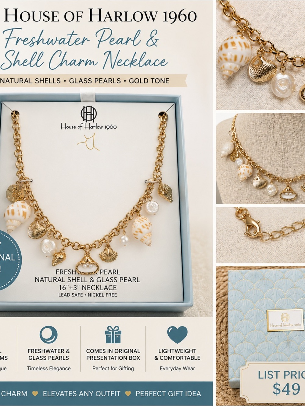 House of Harlow 1960 Gold Tone Freshwater Pearl & Shell Charm Necklace